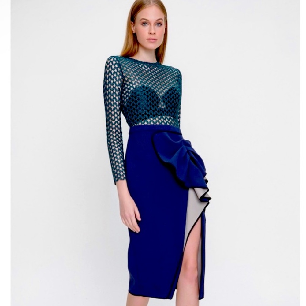 Self-Portrait Arabesque Ruffled Bow Midi Dress / Size 4 / Dark Green Navy Lace